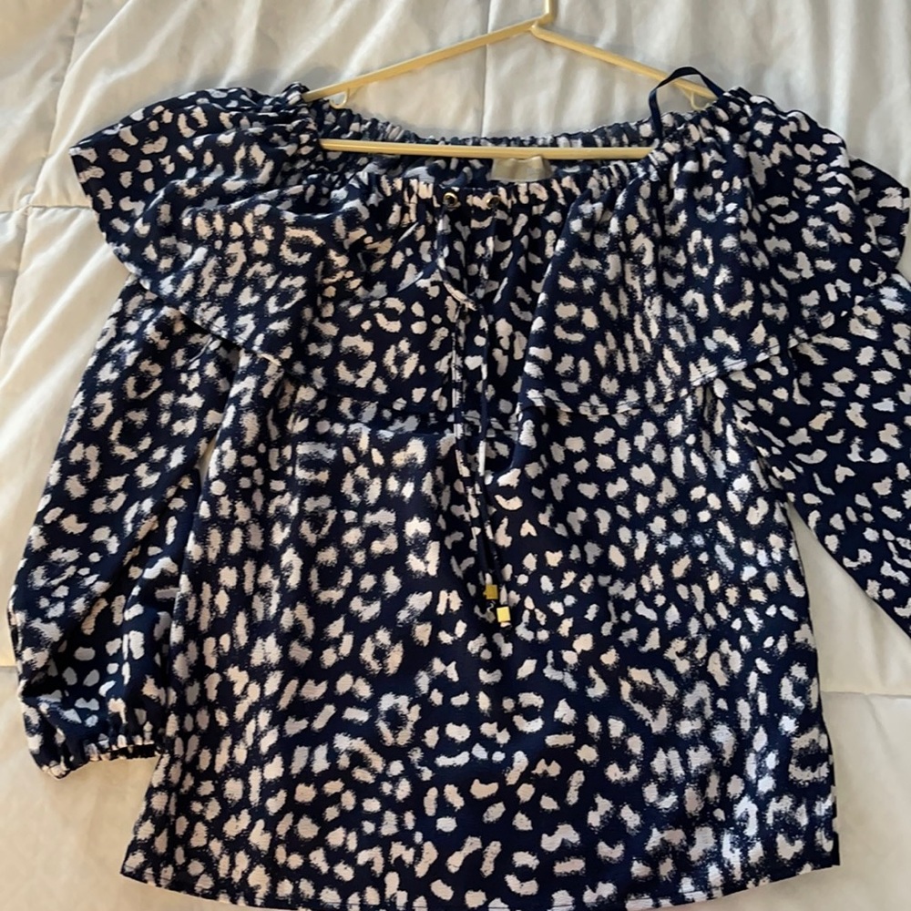Michael Kors Navy Print Off/on Shoulder Top M
